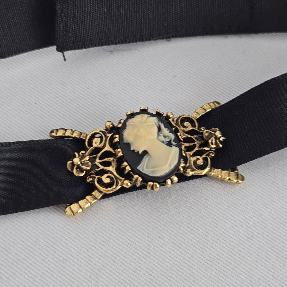 Vintage Black Ribbon Cameo Choker Necklace