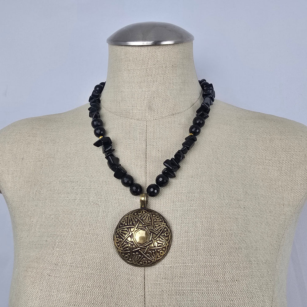 Black Beaded Gold Tone Tribal Medallion Pendant Necklace