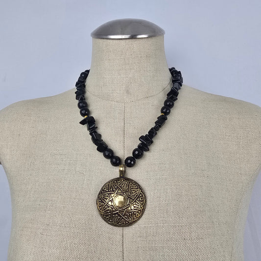 Black Beaded Gold Tone Tribal Medallion Pendant Necklace