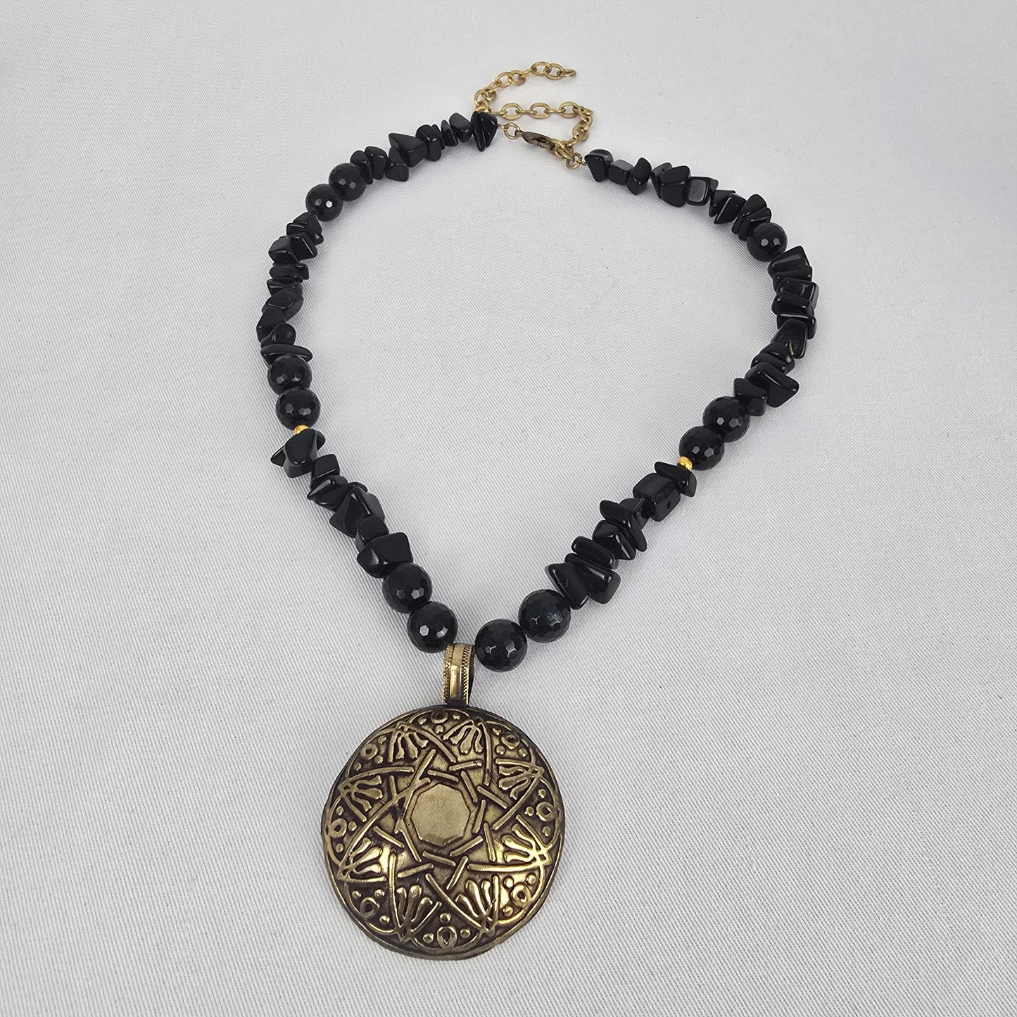 Black Beaded Gold Tone Tribal Medallion Pendant Necklace