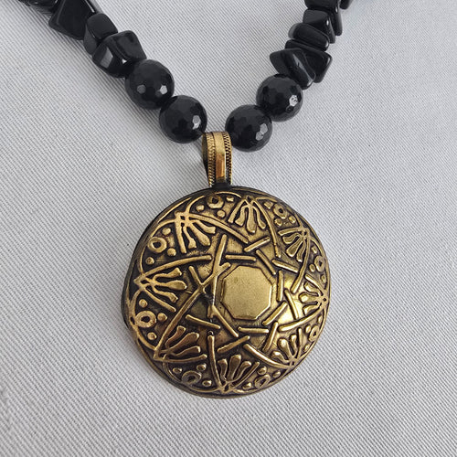 Black Beaded Gold Tone Tribal Medallion Pendant Necklace