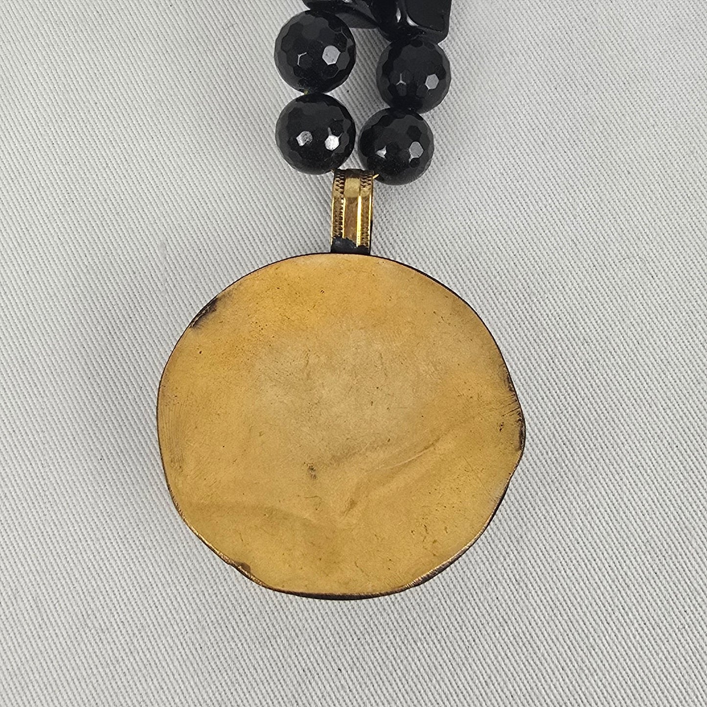 Black Beaded Gold Tone Tribal Medallion Pendant Necklace