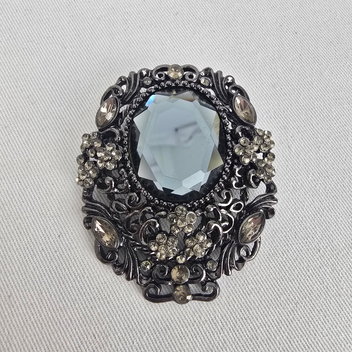 Black Rhinestone Statement Brooch with Smoky Center Stone