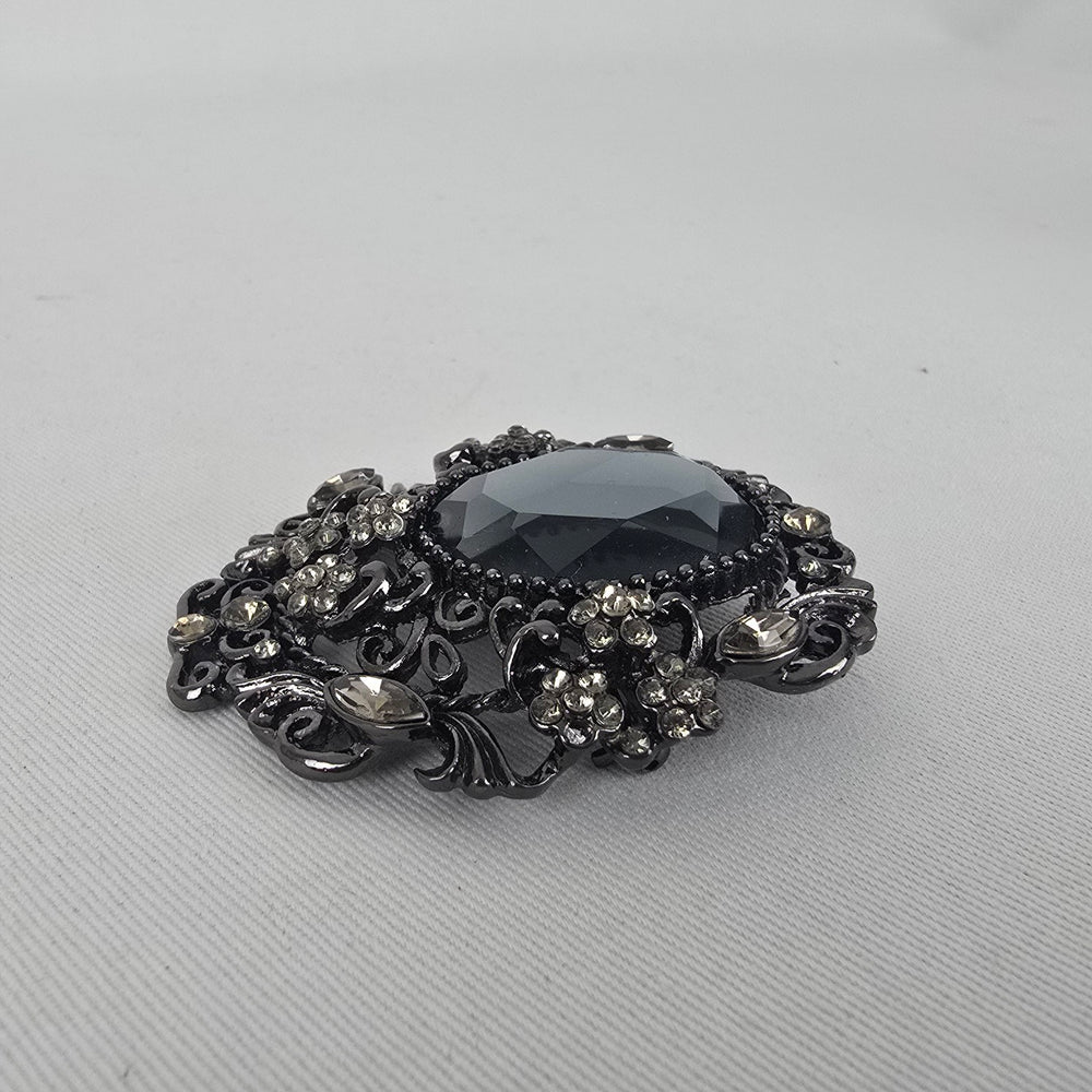 Black Rhinestone Statement Brooch with Smoky Center Stone