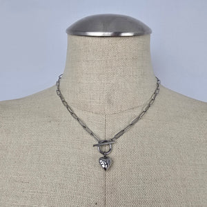 Silver Tone Toggle Heart Pendant Paperclip Necklace