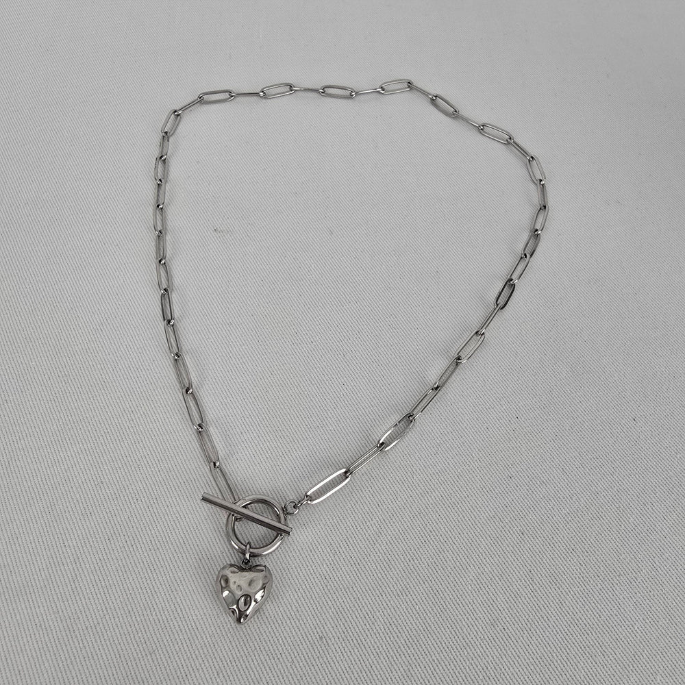 Silver Tone Toggle Heart Pendant Paperclip Necklace