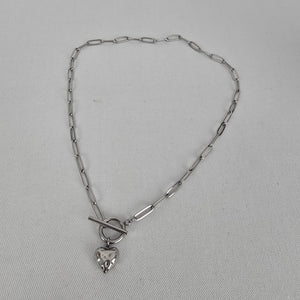 Silver Tone Toggle Heart Pendant Paperclip Necklace