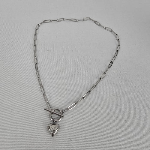 Silver Tone Toggle Heart Pendant Paperclip Necklace