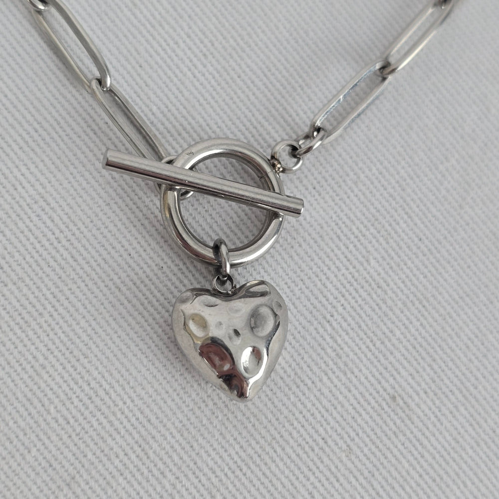 Silver Tone Toggle Heart Pendant Paperclip Necklace
