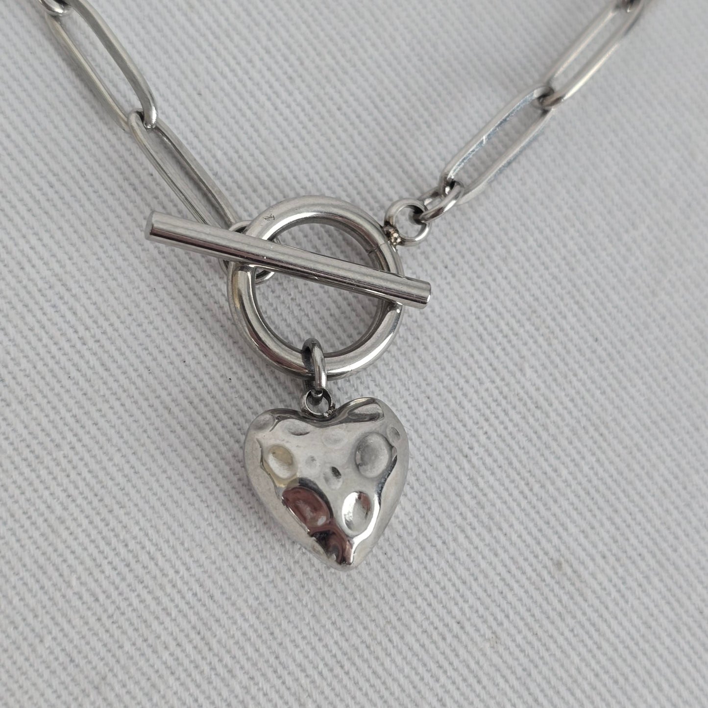 Silver Tone Toggle Heart Pendant Paperclip Necklace