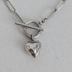 Silver Tone Toggle Heart Pendant Paperclip Necklace