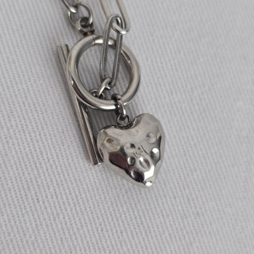 Silver Tone Toggle Heart Pendant Paperclip Necklace