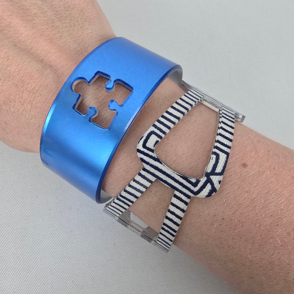 Color By Amber Blue Puzzle Piece Striped Statement Cuff Bracelet Set