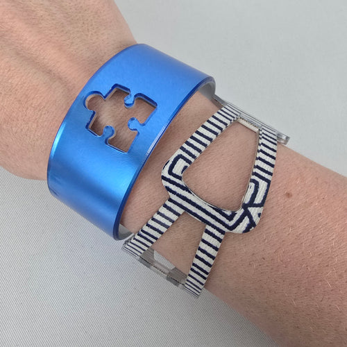 Color By Amber Blue Puzzle Piece Striped Statement Cuff Bracelet Set