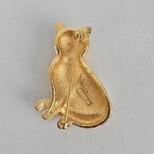 Dorlan Vintage Gold Tone Cat Brooch Black Rhinestone Eyes