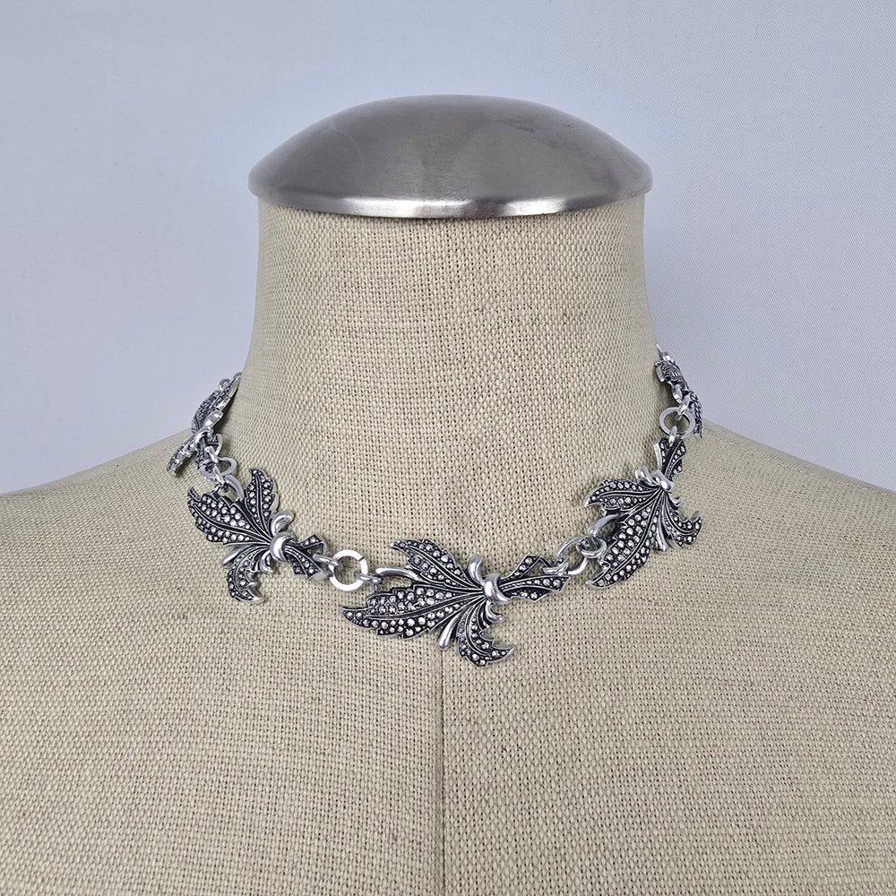 Vintage Silver Tone Textured Link Statement Necklace Hook Clasp