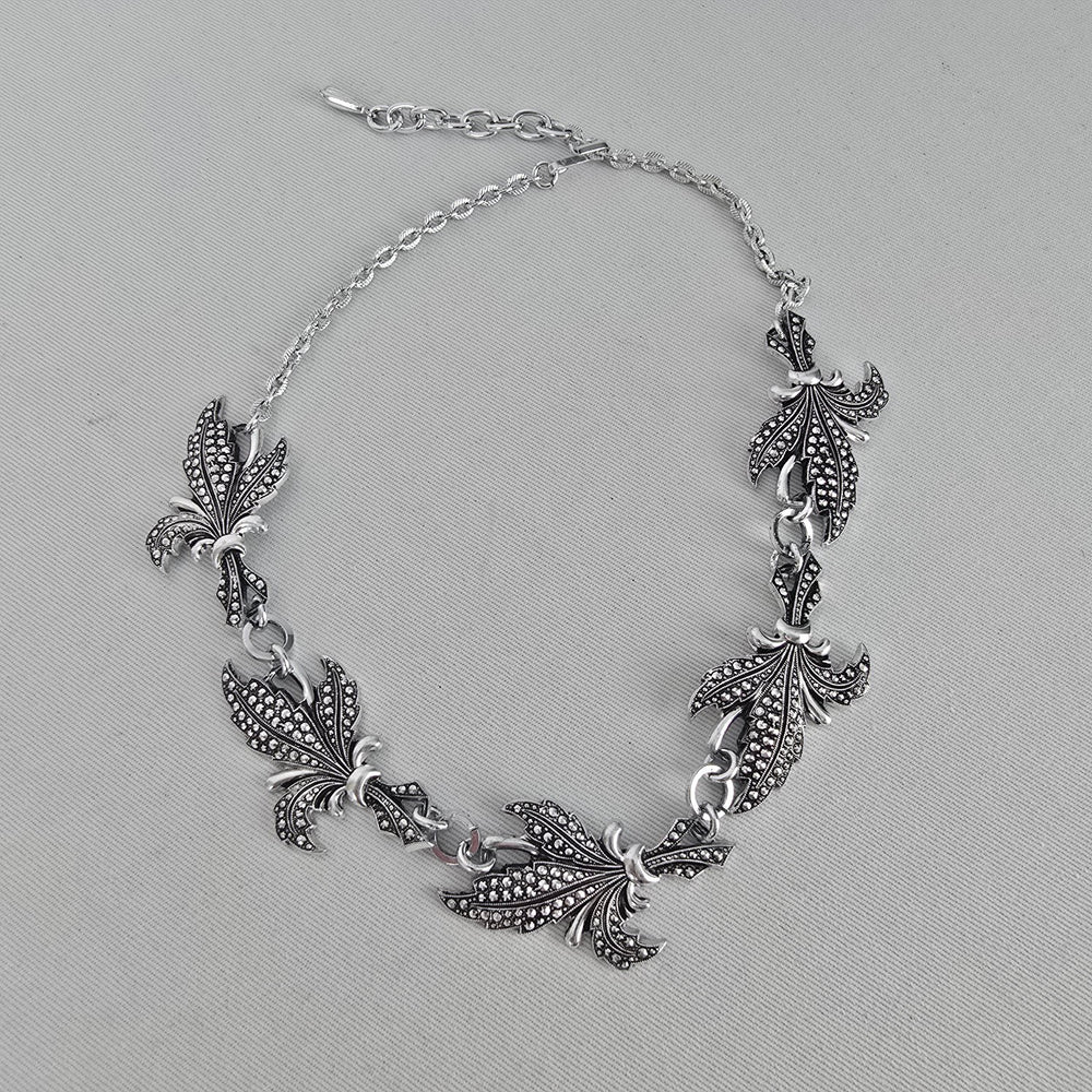 Vintage Silver Tone Textured Link Statement Necklace Hook Clasp