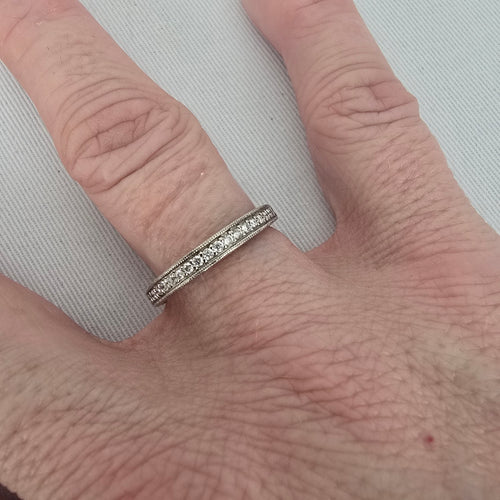 Authentic Scott Kay 14K White Gold Pave Diamond Wedding Band with Side-Engraved Detailing