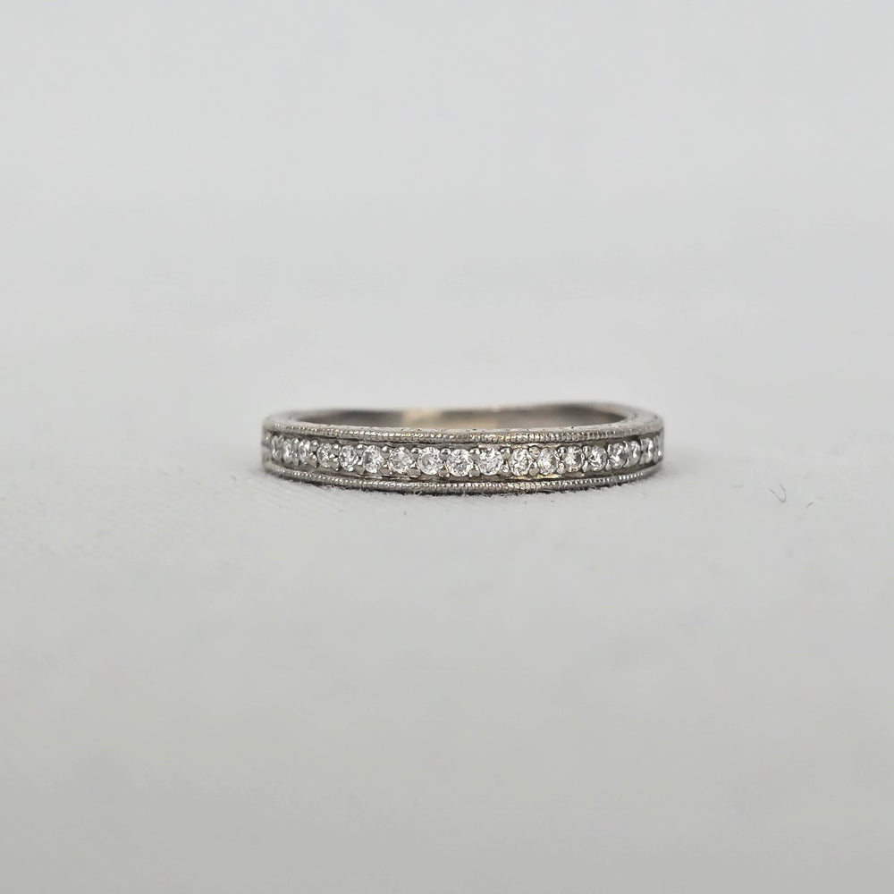 Authentic Scott Kay 14K White Gold Pave Diamond Wedding Band with Side-Engraved Detailing
