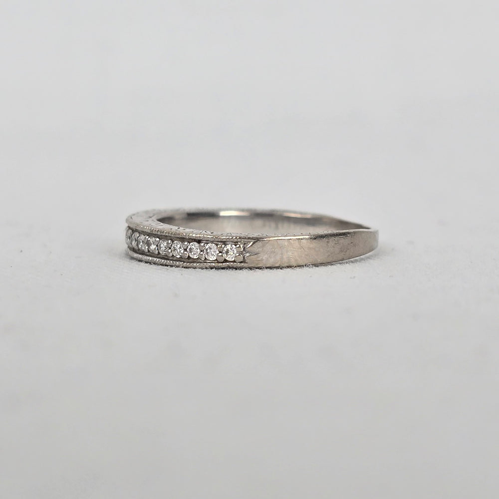 Authentic Scott Kay 14K White Gold Pave Diamond Wedding Band with Side-Engraved Detailing