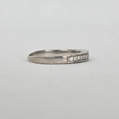 Authentic Scott Kay 14K White Gold Pave Diamond Wedding Band with Side-Engraved Detailing