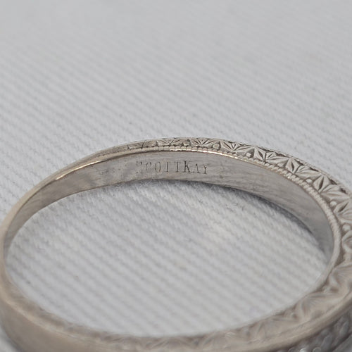 Authentic Scott Kay 14K White Gold Pave Diamond Wedding Band with Side-Engraved Detailing