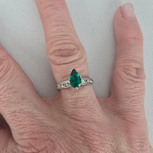 Scott Kay 14K White Gold Pear Lab-Grown Emerald & Diamond Vintage-Style Ring