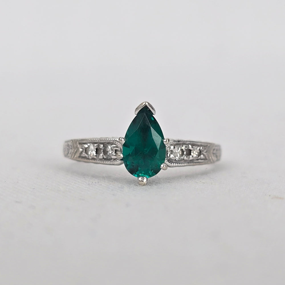 Scott Kay 14K White Gold Pear Lab-Grown Emerald & Diamond Vintage-Style Ring