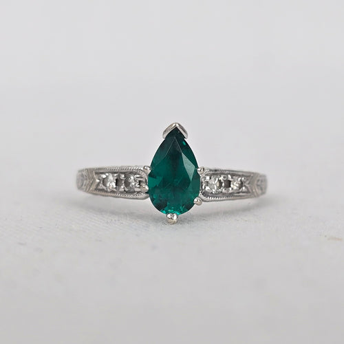 Scott Kay 14K White Gold Pear Lab-Grown Emerald & Diamond Vintage-Style Ring