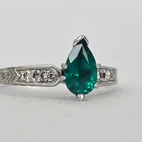 Scott Kay 14K White Gold Pear Lab-Grown Emerald & Diamond Vintage-Style Ring