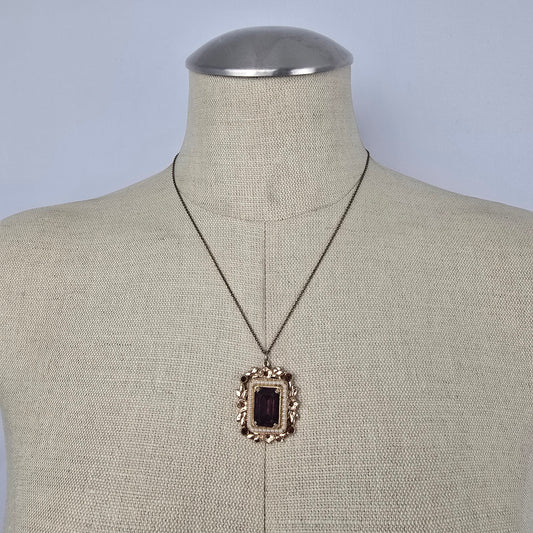 ECO Vintage Gold Tone Purple Stone Faux Pearl Floral Pendant Necklace