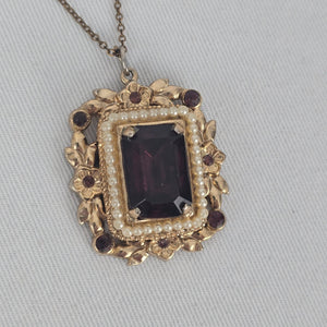 ECO Vintage Gold Tone Purple Stone Faux Pearl Floral Pendant Necklace