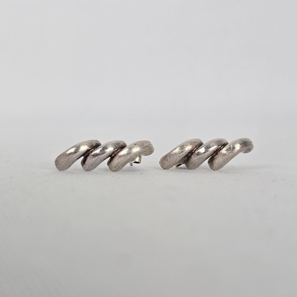 Sterling Silver 925 Swirl Wave Stud Earrings Brushed Textured Design