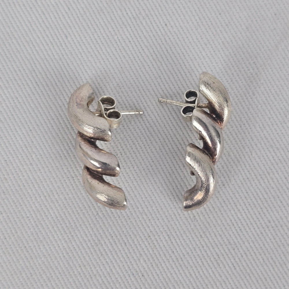 Sterling Silver 925 Swirl Wave Stud Earrings Brushed Textured Design