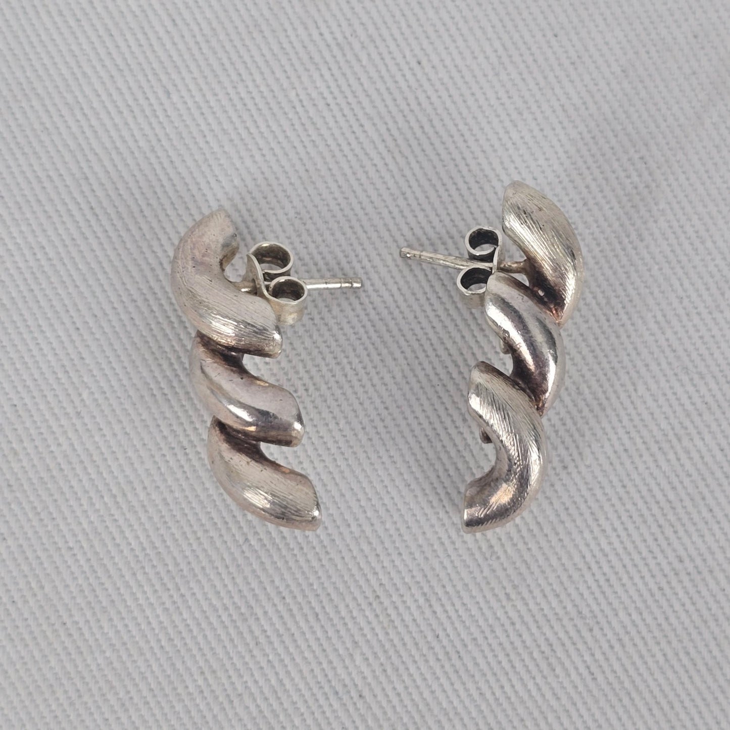 Sterling Silver 925 Swirl Wave Stud Earrings Brushed Textured Design