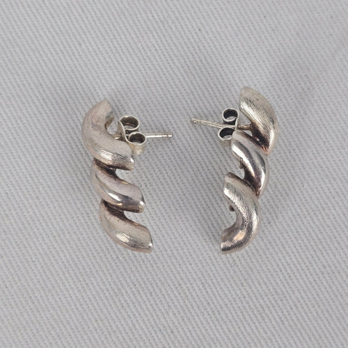 Sterling Silver 925 Swirl Wave Stud Earrings Brushed Textured Design