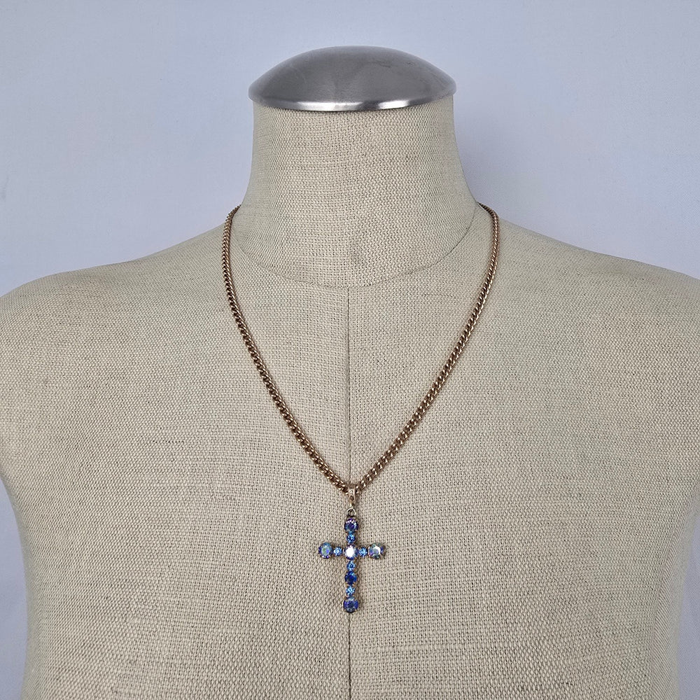 Vintage Style Blue Aurora Borealis Rhinestone Cross Pendant Gold Tone Necklace
