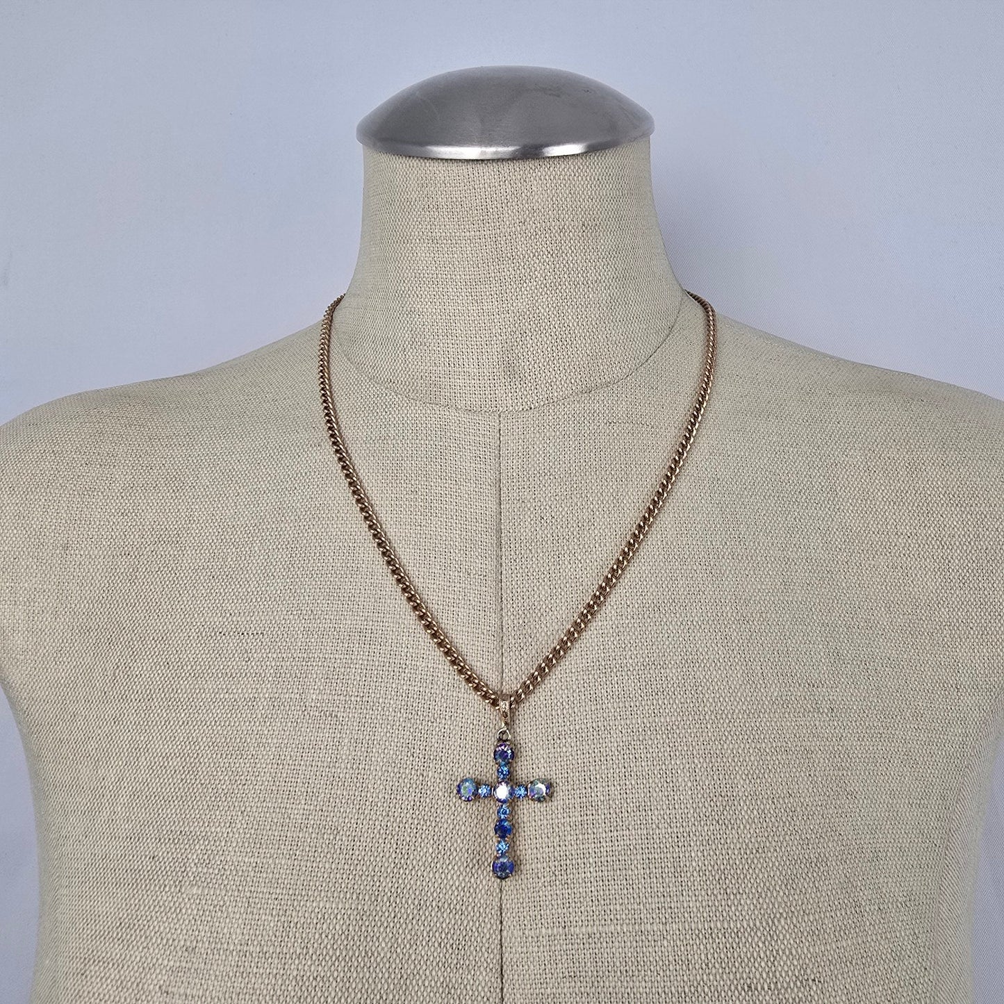Vintage Style Blue Aurora Borealis Rhinestone Cross Pendant Gold Tone Necklace