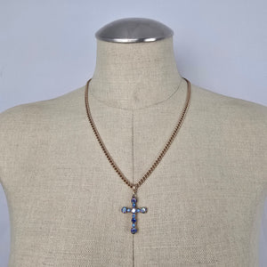 Vintage Style Blue Aurora Borealis Rhinestone Cross Pendant Gold Tone Necklace