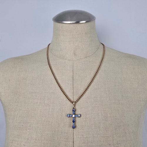 Vintage Style Blue Aurora Borealis Rhinestone Cross Pendant Gold Tone Necklace