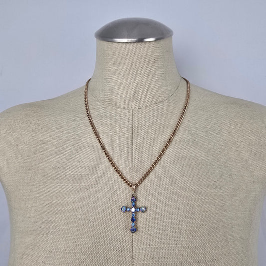 Vintage Style Blue Aurora Borealis Rhinestone Cross Pendant Gold Tone Necklace