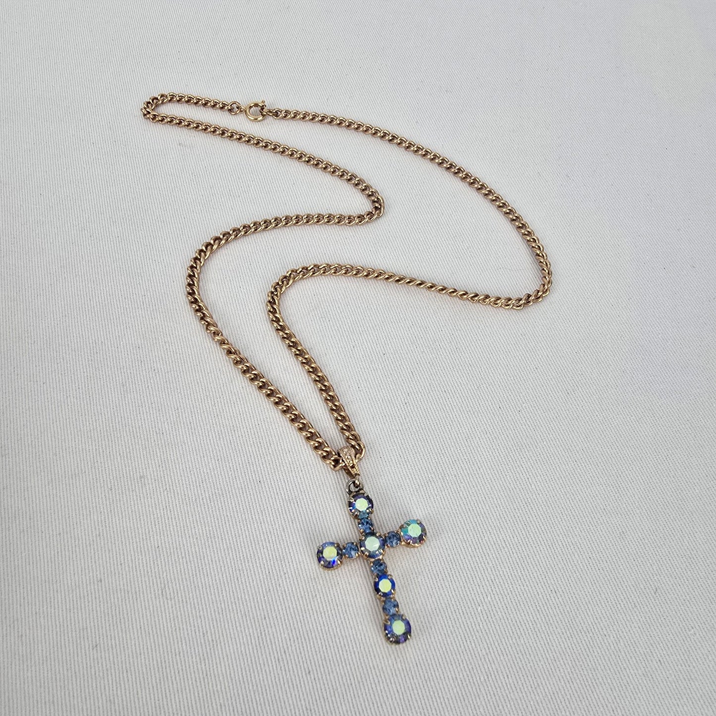 Vintage Style Blue Aurora Borealis Rhinestone Cross Pendant Gold Tone Necklace
