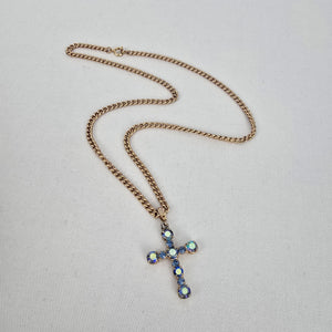Vintage Style Blue Aurora Borealis Rhinestone Cross Pendant Gold Tone Necklace