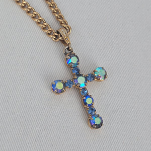 Vintage Style Blue Aurora Borealis Rhinestone Cross Pendant Gold Tone Necklace
