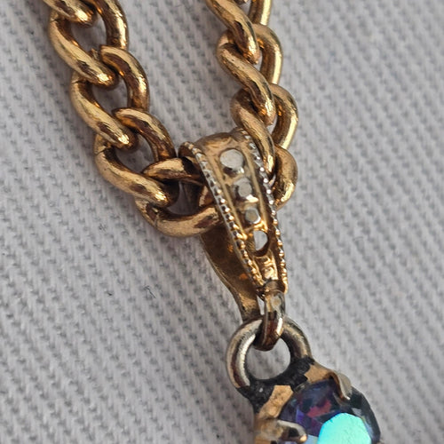 Vintage Style Blue Aurora Borealis Rhinestone Cross Pendant Gold Tone Necklace