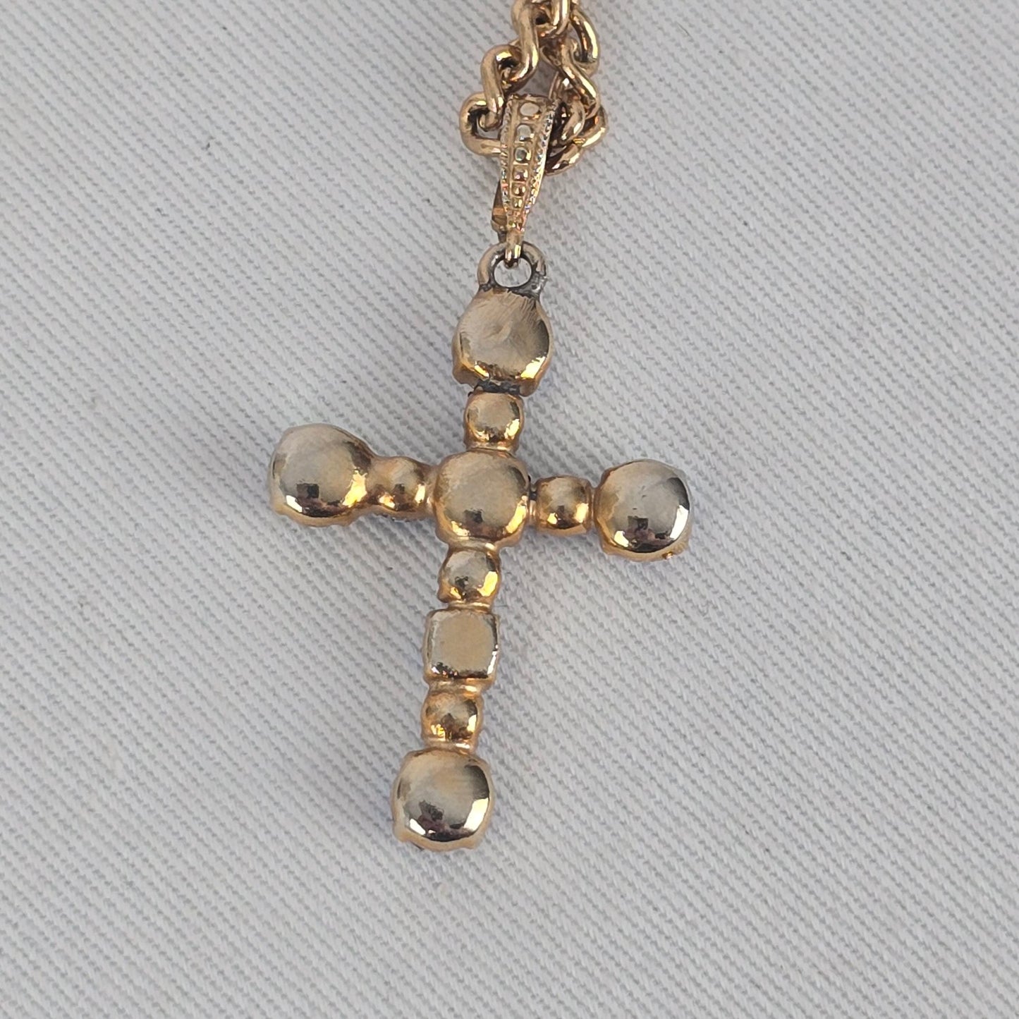 Vintage Style Blue Aurora Borealis Rhinestone Cross Pendant Gold Tone Necklace