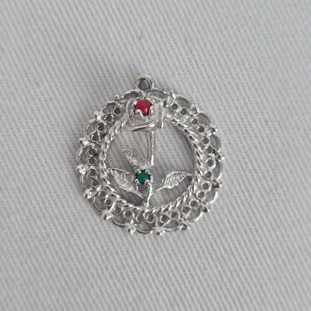 Date to Remember Sterling Silver Rose Bracelet Charm Red Green Accent Stones