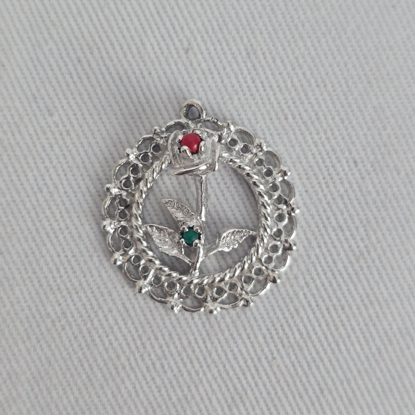 Date to Remember Sterling Silver Rose Bracelet Charm Red Green Accent Stones