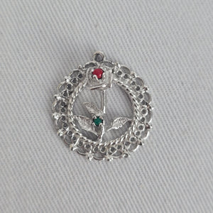 Date to Remember Sterling Silver Rose Bracelet Charm Red Green Accent Stones