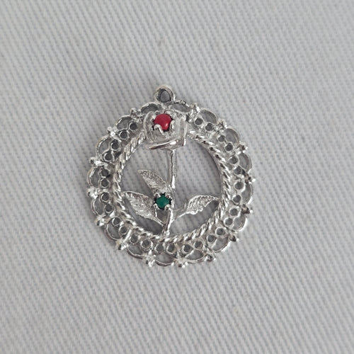 Date to Remember Sterling Silver Rose Bracelet Charm Red Green Accent Stones